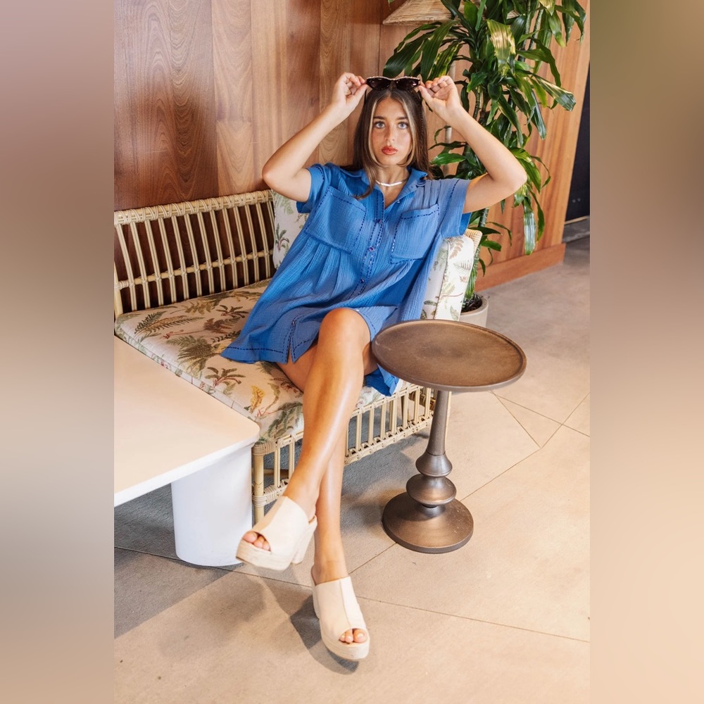 BRIGHT BLUE GAUZE BUTTON DOWN DRESS